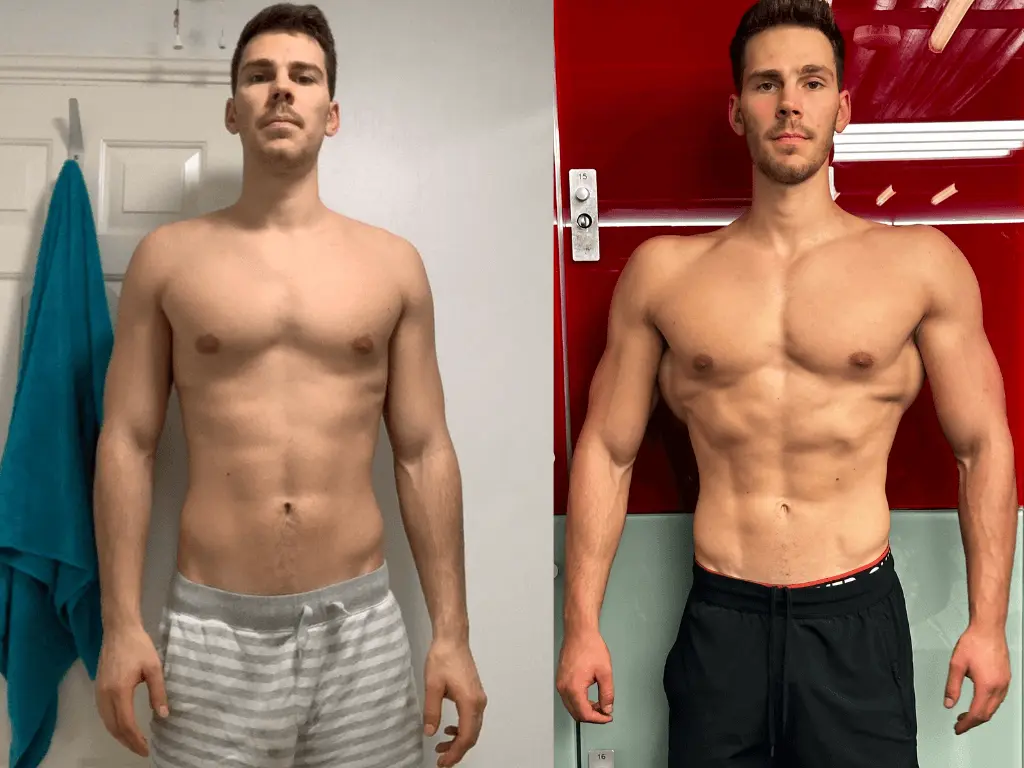 Male physique transformation before and after – muscle gain, fat loss, and definition achieved with London personal trainer specialising in body recomposition.
