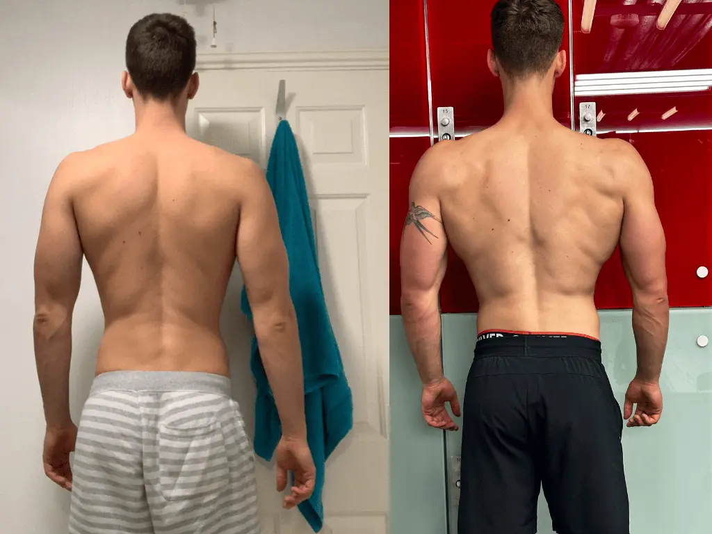 Back transformation before and after – muscle building and fat loss achieved with top personal trainer in London, specialising in strength, posture, and physique enhancement.