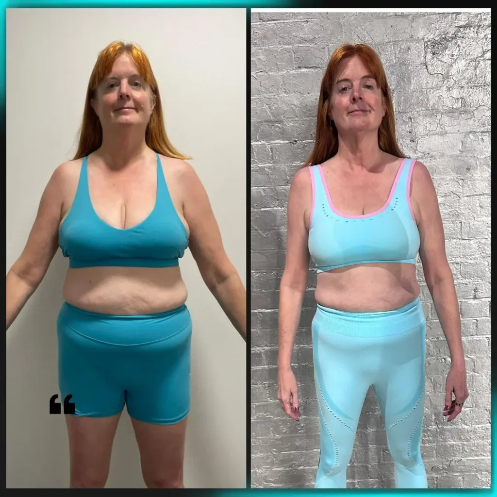 Female client over 50 before and after transformation with an online personal trainer UK, showing reduced body fat, improved muscle tone, and enhanced posture. Specialises in women’s fitness over 50, fat loss, muscle toning, and total body transformation. Offers online personal training, female personal trainer services, and personal trainer and nutritionist programs in the UK and worldwide.