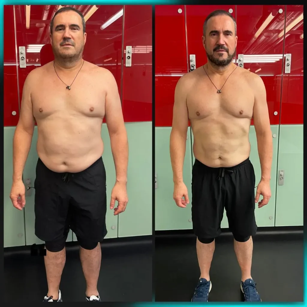 Male client before and after midsection fat loss transformation with an online personal trainer UK, showing reduced belly fat, improved muscle tone, and better posture. Specialises in weight loss, strength training, and total body transformation for men. Offers online personal training, private personal trainer sessions, and personal trainer and nutritionist coaching in the UK and worldwide.