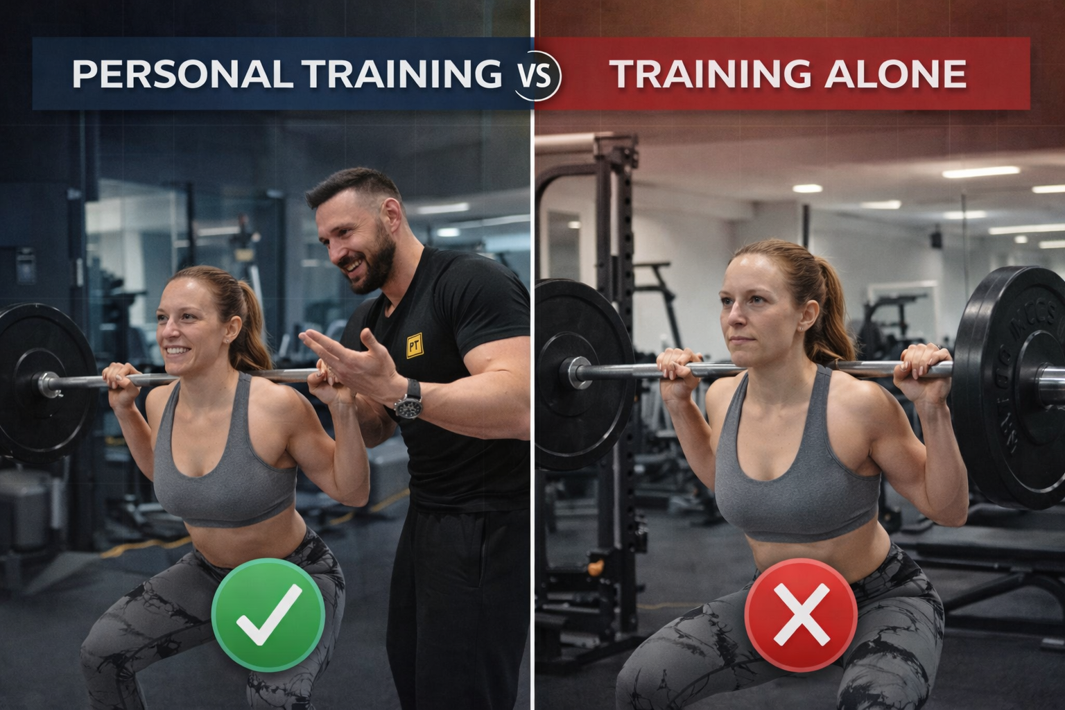 Personal training vs training alone, two people on treadmills (one with a trainer)