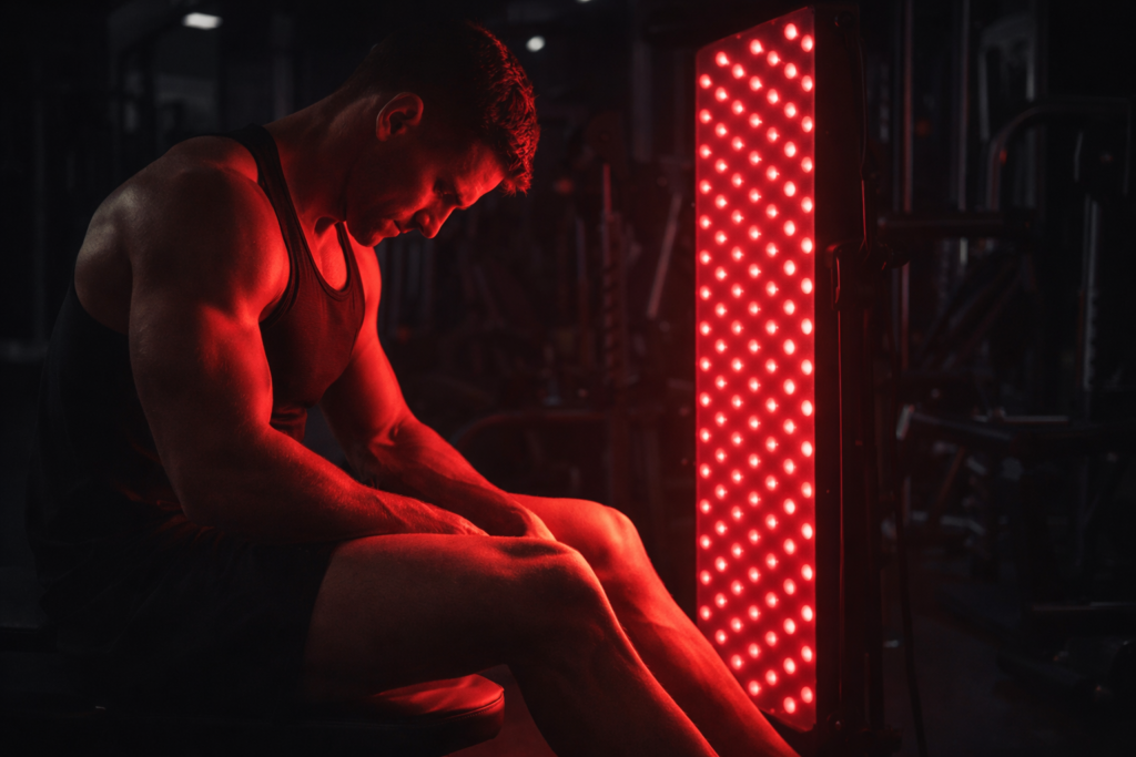 red light therapy for muscle recovery after workout using 660nm and 850nm panel in gym environment