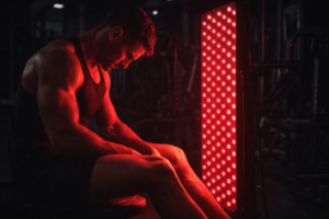 red light therapy for muscle recovery after workout using 660nm and 850nm panel in gym environment