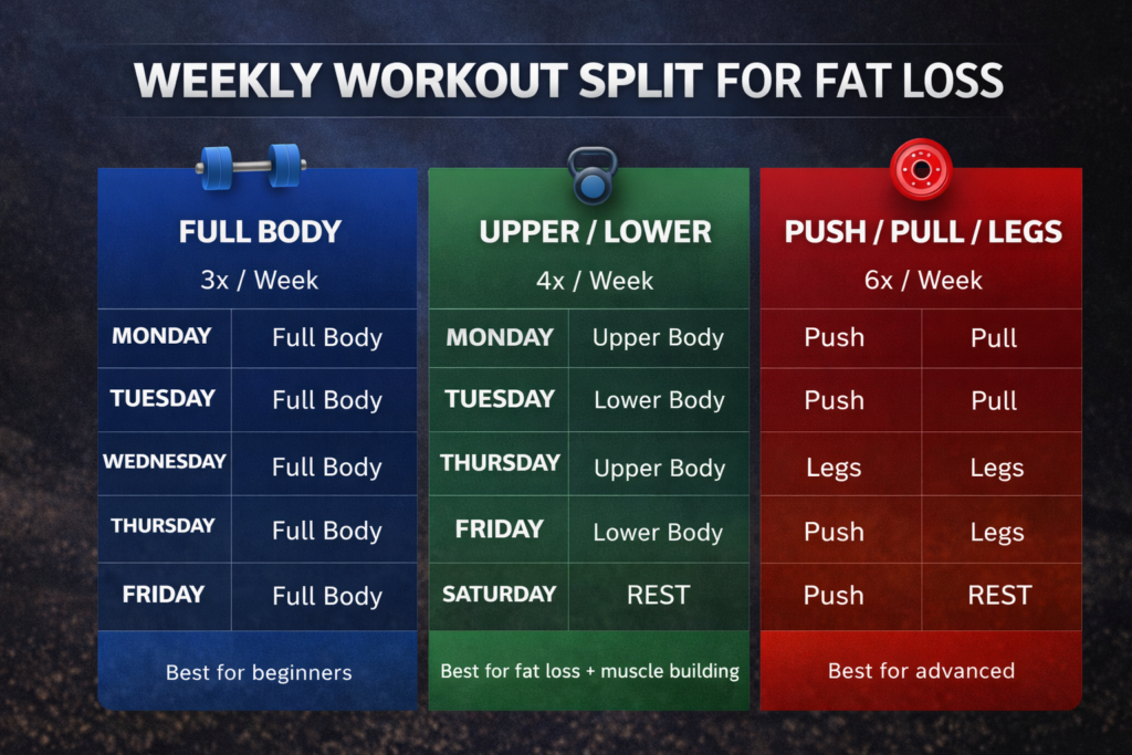 best workout split for fat loss weekly training plan full body upper lower push pull legs routine