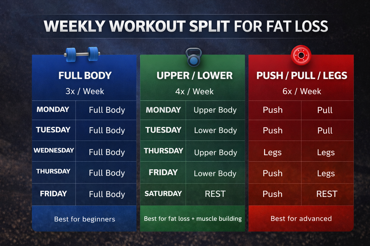 best workout split for fat loss weekly training plan full body upper lower push pull legs routine