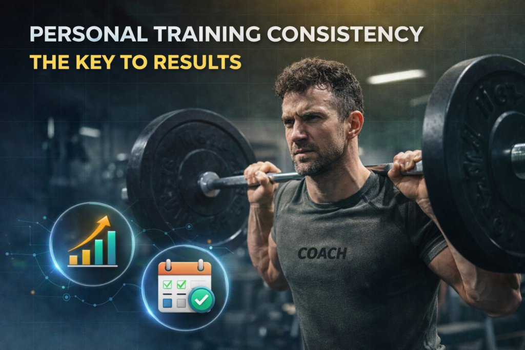Personal training consistency, athlete lifting weights with a determined expression in the gym