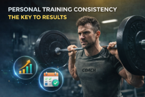 Personal training consistency, athlete lifting weights with a determined expression in the gym