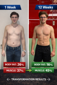 body transformation before and after 12 weeks strength training fat loss and muscle gain results