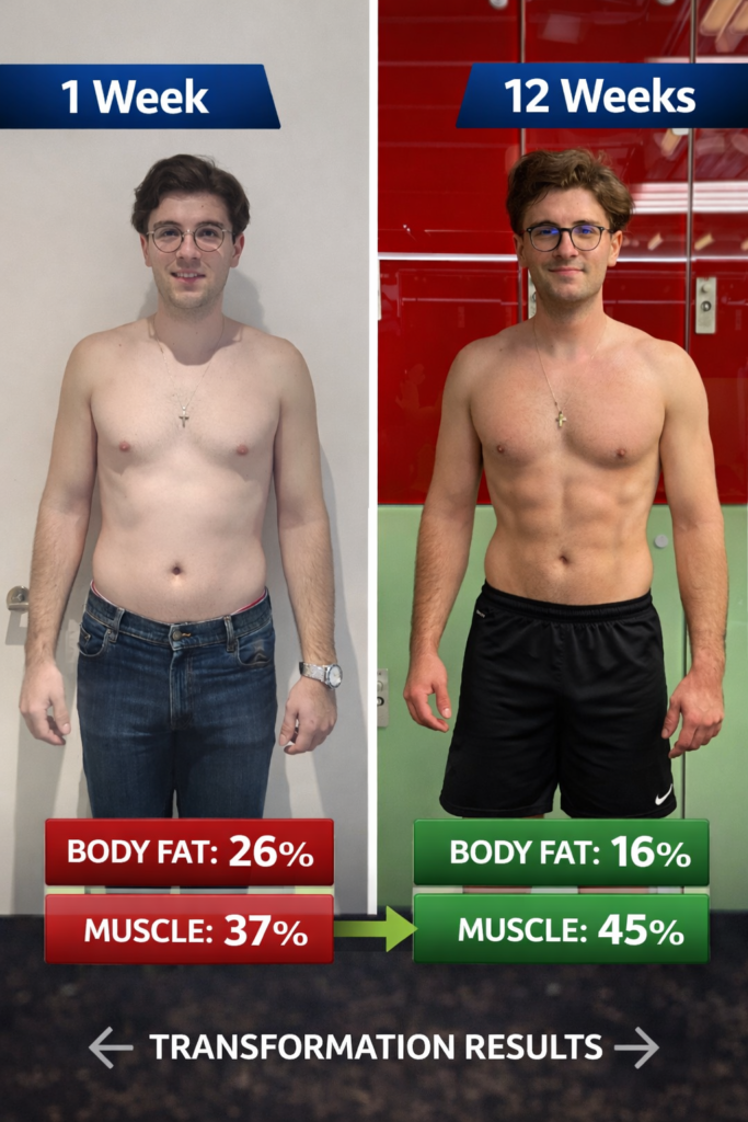 body transformation before and after 12 weeks strength training fat loss and muscle gain results