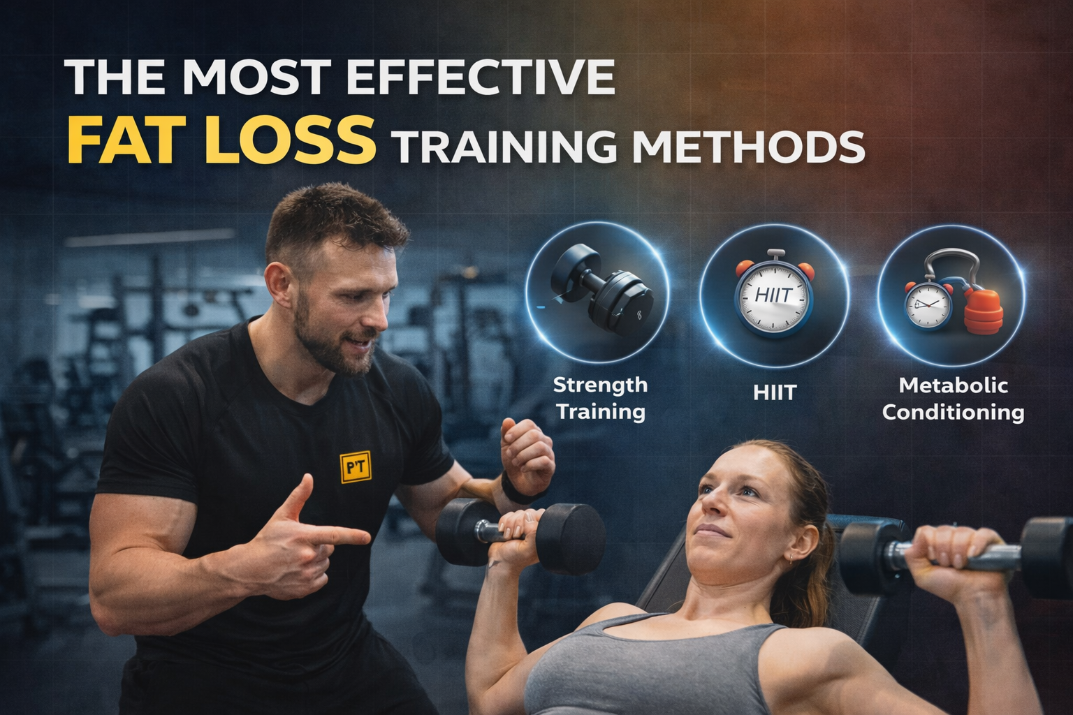 Effective fat loss training methods, dumbbells and a jump rope in a gym frame