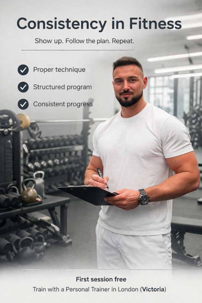ersonal trainer London coaching session in gym with structured training program Victoria Fitzrovia