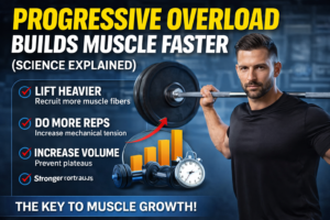 progressive overload builds muscle faster strength training hypertrophy increasing weight reps volume muscle growth concept