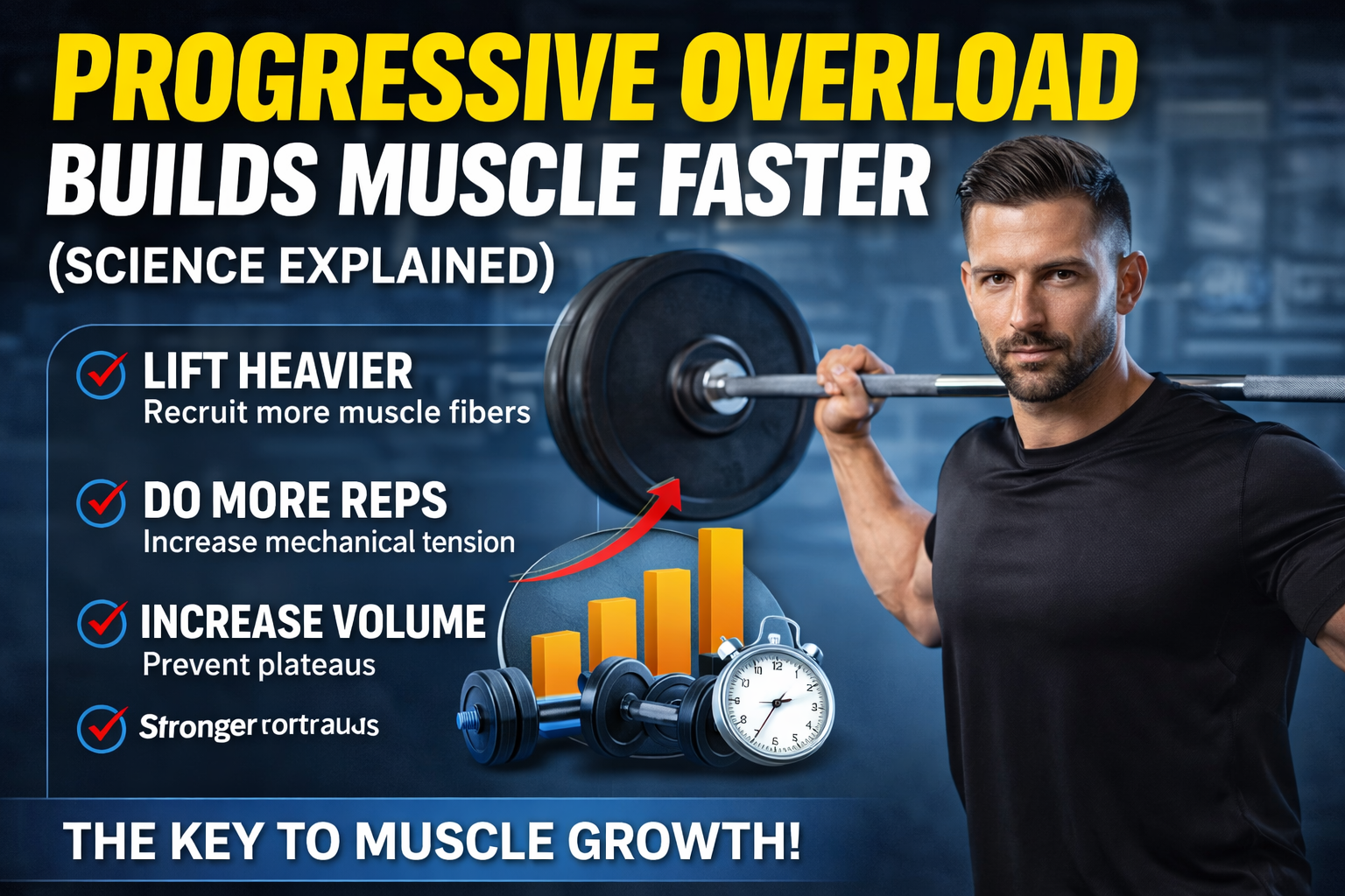 progressive overload builds muscle faster strength training hypertrophy increasing weight reps volume muscle growth concept