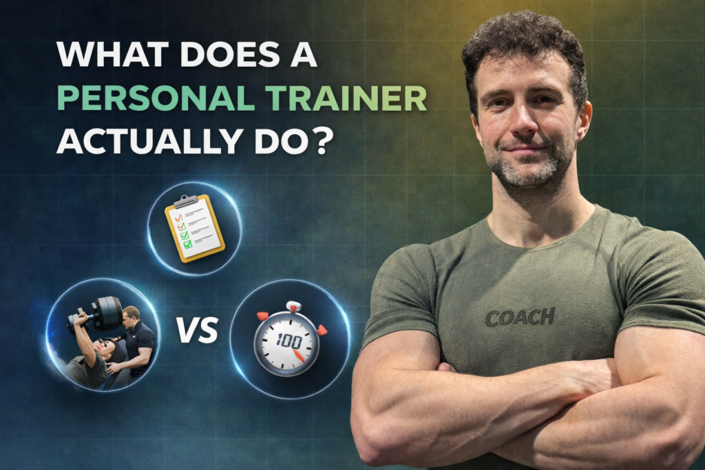 Personal trainer duties, trainer explaining a workout plan on a tablet