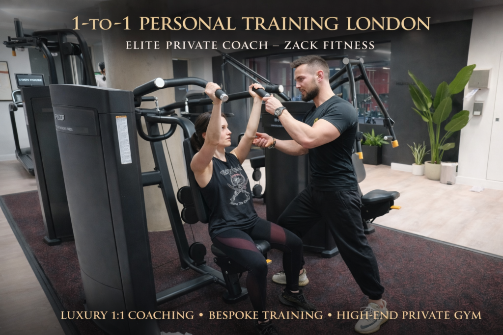 1 to 1 personal training London private coach guiding client in gym Zack Fitness strength training session