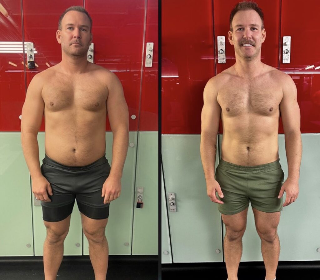 body recomposition transformation London client before after lose fat build muscle same time results
