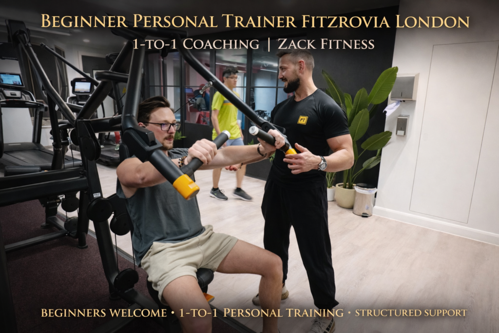 beginner personal trainer Fitzrovia London coaching client in gym one to one strength training Zack Fitness