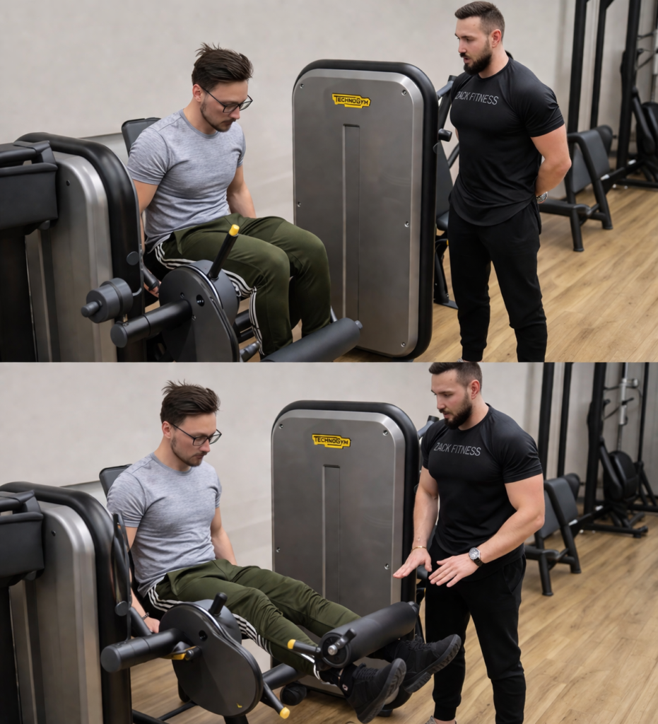 Personal trainer coaching client on leg extension machine in Kidbrooke London focusing on correct technique, muscle activation and safe strength training