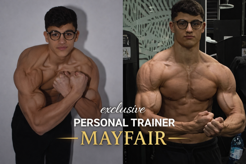 Personal trainer Mayfair London body transformation before and after male client muscle gain fat loss results one to one personal training