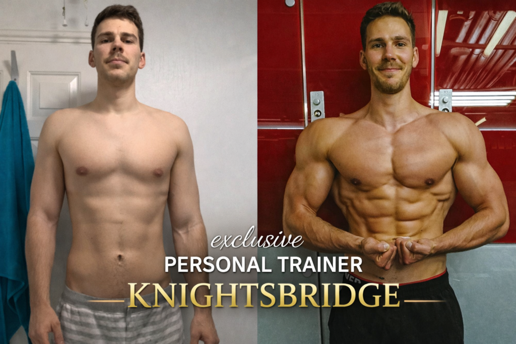 Personal trainer Knightsbridge London body transformation before and after male client fat loss muscle gain results one to one personal training