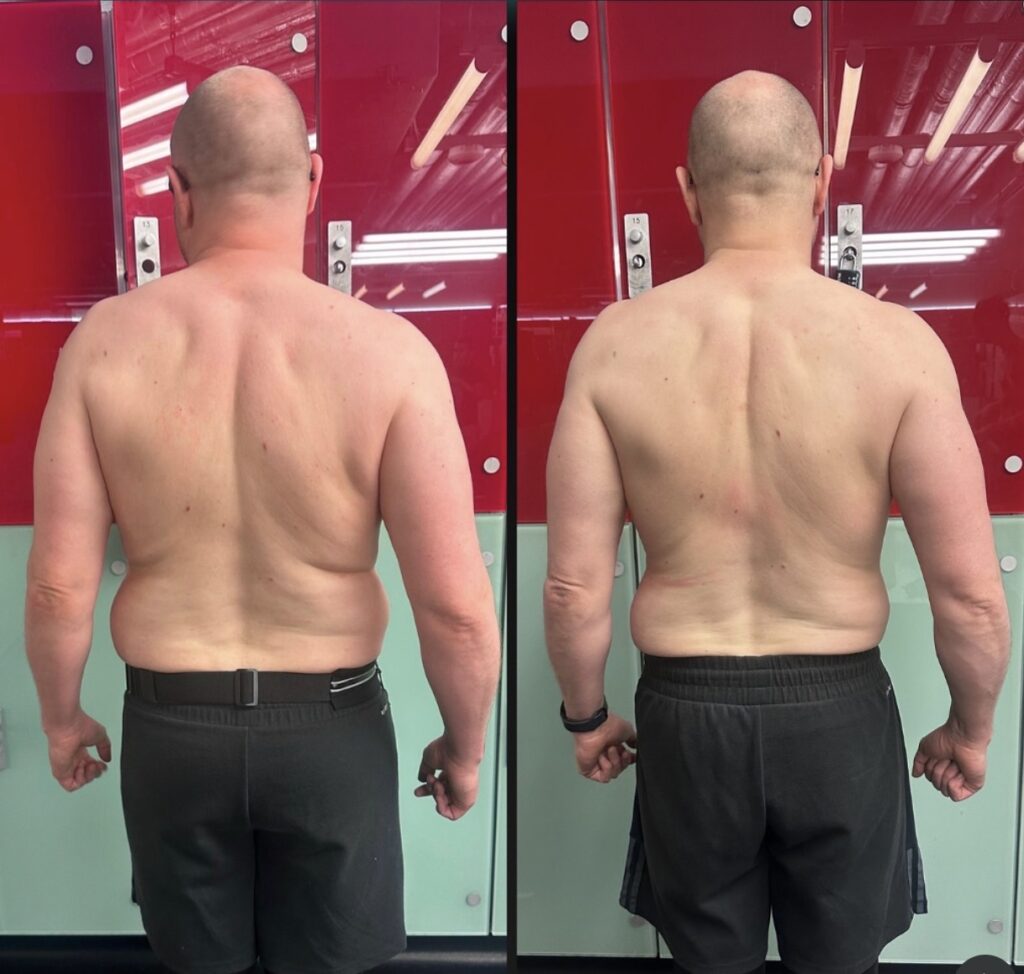 This image shows a real fat loss transformation achieved in Central London over 12 weeks with Zack Fitness. The client reduced body fat, improved muscle definition, and enhanced overall body composition through structured personal training, consistent coaching, and a results-driven program focused on long-term progress.