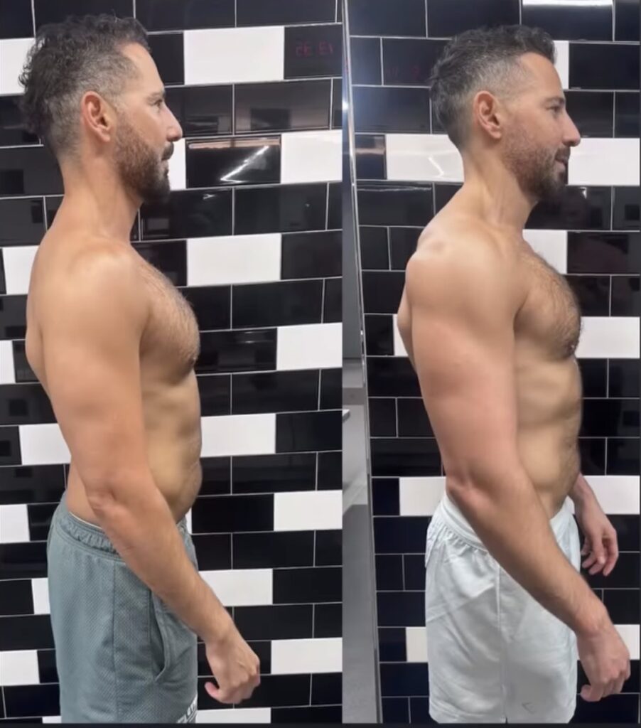 muscle building transformation London side view before after lean muscle gain personal trainer Central London physique improvement