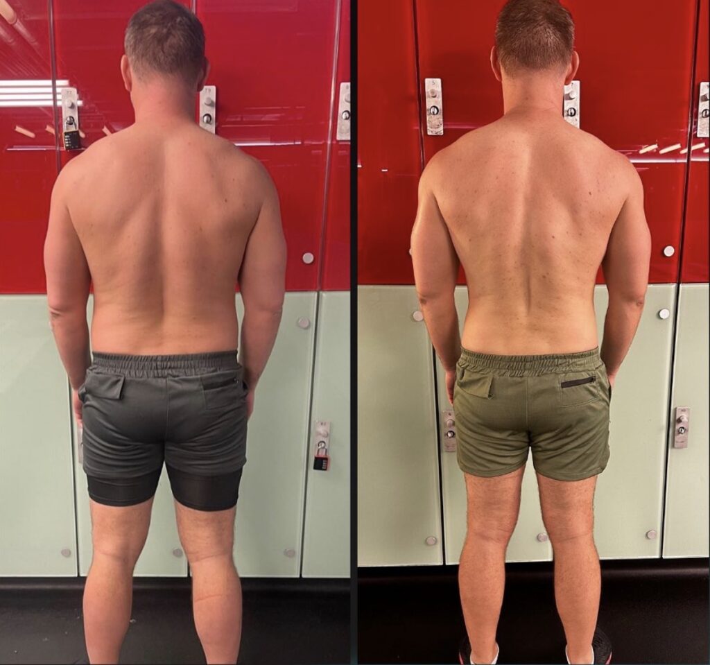 before after body recomposition Central London personal trainer physique change lean muscle gain fat loss