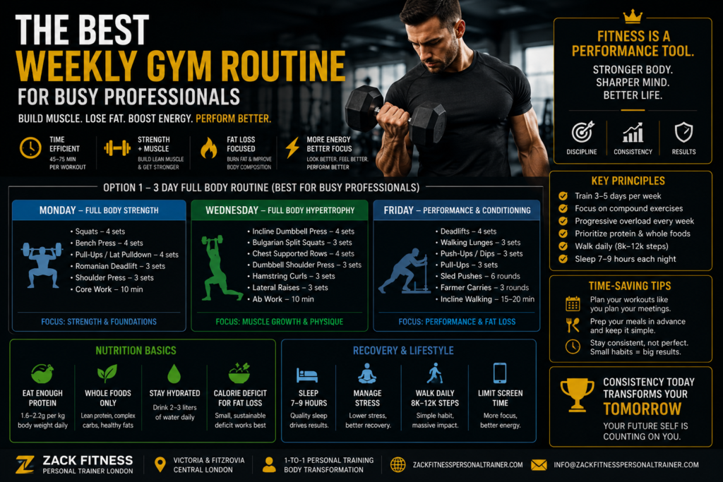 Best weekly gym routine for busy professionals infographic showing full body workouts, strength training, fat loss, muscle building, recovery, nutrition, and time-efficient fitness strategies for executives and entrepreneurs
