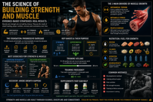 Science of building strength and muscle infographic showing progressive overload, muscle hypertrophy, strength training, recovery, nutrition, biomechanics, compound exercises, and evidence-based muscle growth principles