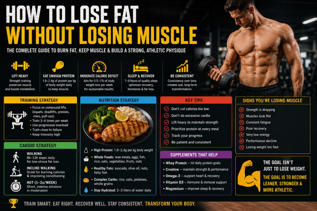 How to lose fat without losing muscle infographic showing strength training, high protein nutrition, cardio strategy, recovery, supplements, and muscle retention tips for sustainable fat loss and body recomposition