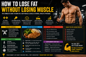 How to lose fat without losing muscle infographic showing strength training, high protein nutrition, cardio strategy, recovery, supplements, and muscle retention tips for sustainable fat loss and body recomposition