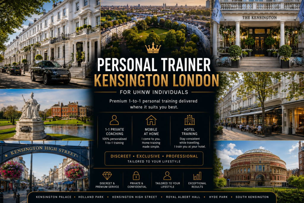 Luxury personal trainer in Kensington London offering private 1-to-1 mobile coaching for UHNW individuals, home training and hotel personal training