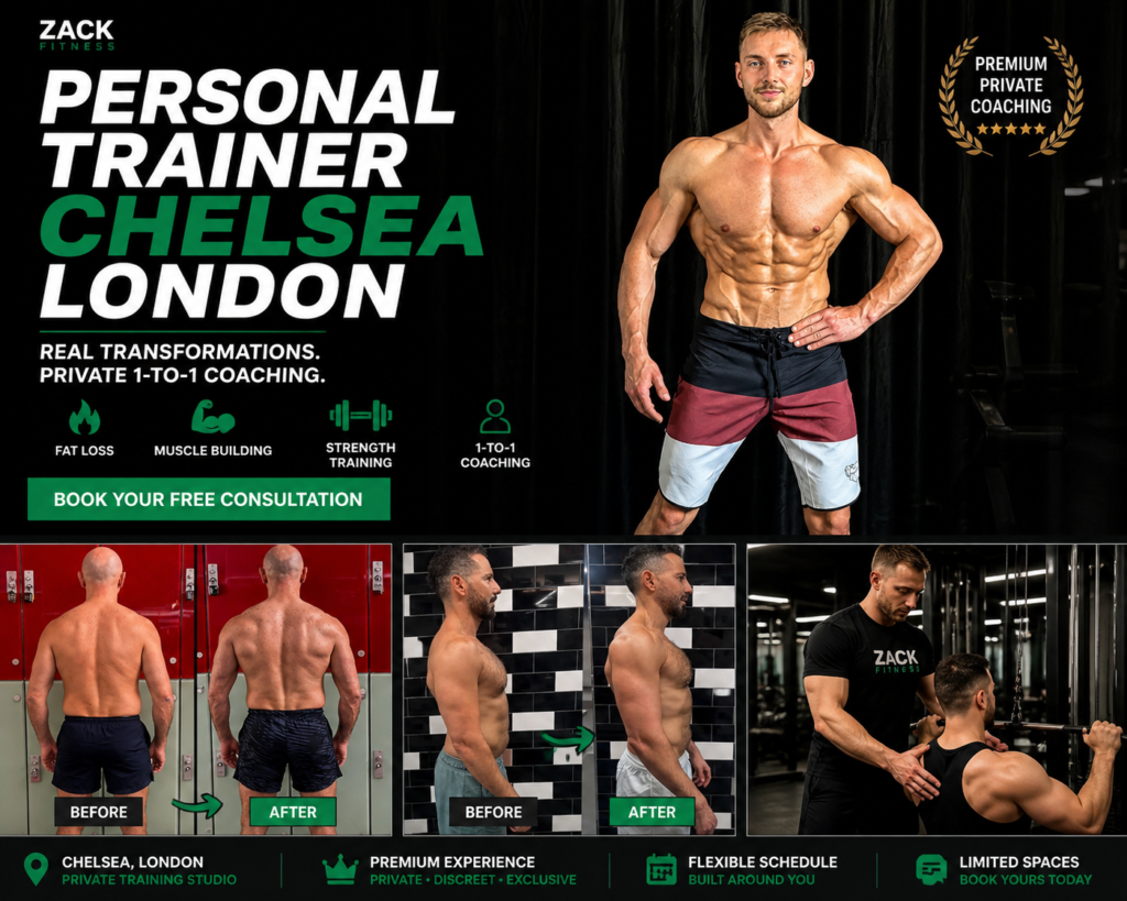 Private personal trainer Chelsea London showcasing lean muscular physique and real transformation results Zack Fitness