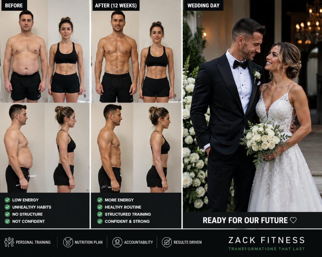 Wedding personal training transformation in London showing a bride and groom before and after a 12-week body transformation with lean muscle growth, fat loss and wedding day results through 1-to-1 personal training at Zack Fitness.