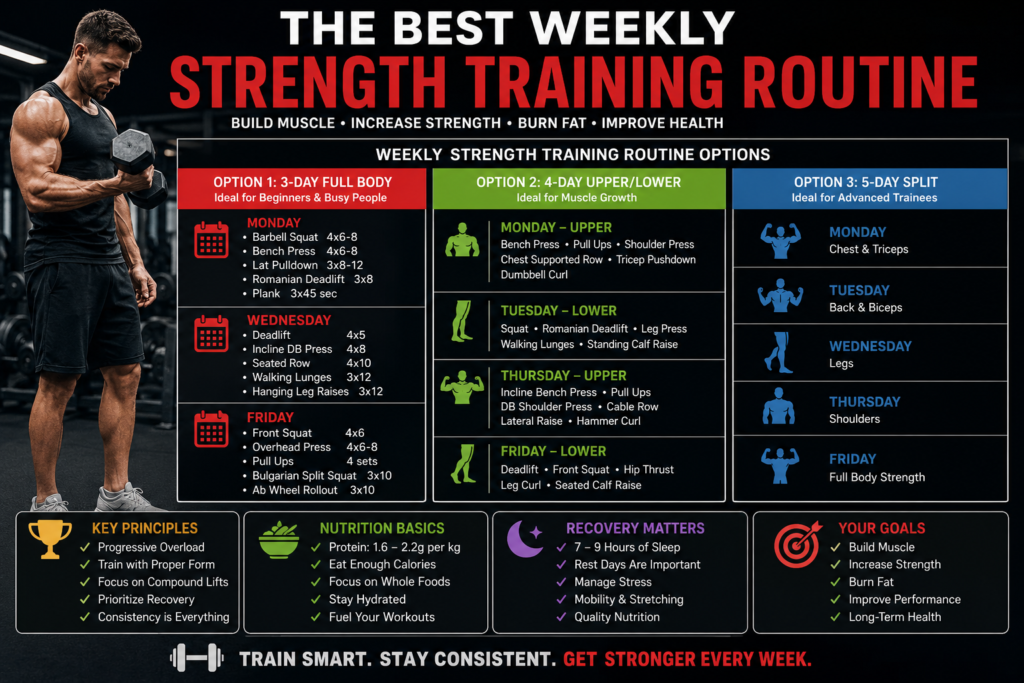 best weekly strength training routine for muscle growth strength development fat loss and long term health