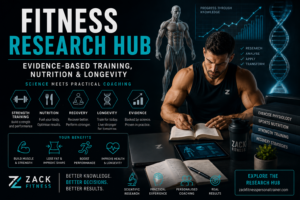 Fitness Research Hub infographic showing evidence-based strength training, nutrition, recovery and longevity principles by Zack Fitness in London.