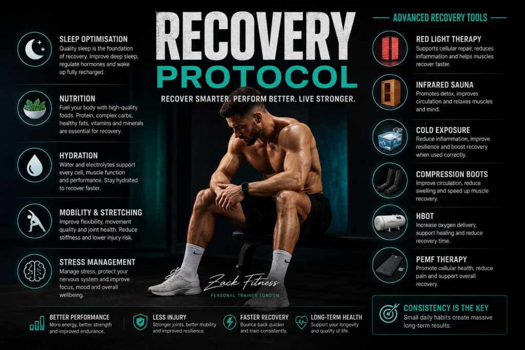Personal trainer Zack Fitness explaining the science-based recovery protocol including sleep, nutrition, hydration, mobility, stress management and advanced recovery methods to improve performance, muscle growth and long-term health.
