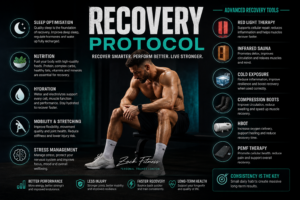 Personal trainer Zack Fitness explaining the science-based recovery protocol including sleep, nutrition, hydration, mobility, stress management and advanced recovery methods to improve performance, muscle growth and long-term health.