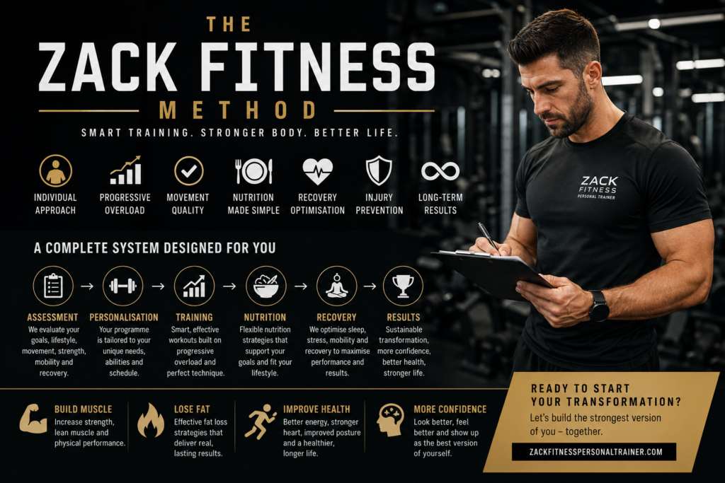 The Zack Fitness Method infographic showing a personalised personal training system for strength, muscle building, fat loss, recovery and longevity by Zack Fitness in London.